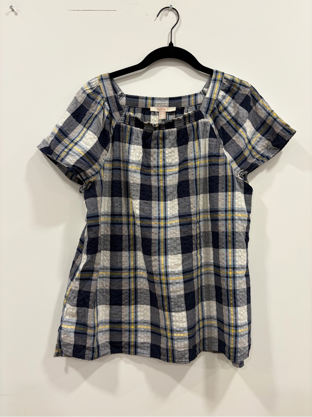 Esprit Plaid Square Neck Blouse Size 8 Cotton Navy Gray Yellow Seersucker Top